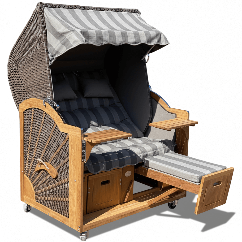 7042 Strandkorb Prieß Modell Meister, Foto zeigt Iroko Holz, PE Geflecht cappuccino, Größe wählbar, Stoffdessin anthrazit braun