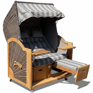 7042 Strandkorb Prieß Modell Meister, Foto zeigt Iroko Holz, PE Geflecht cappuccino, Größe wählbar, Stoffdessin anthrazit braun