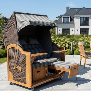 7042 Strandkorb Prieß Modell Meister, Foto zeigt Iroko Holz, PE Geflecht cappuccino, Größe wählbar, Stoffdessin anthrazit braun