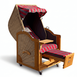 7044 Strandkorb Prieß Modell Meister, Foto zeigt Lärche Holz, PE Geflecht naturoptik, Größe wählbar, Stoffdessin wie abgebildet