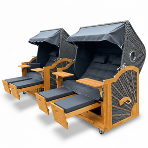 7048 Strandkorb Prieß Modell Meister, Foto zeigt Lärche Holz, PE Geflecht dunkelgrau, Größe wählbar, Stoffdessin anthrazit