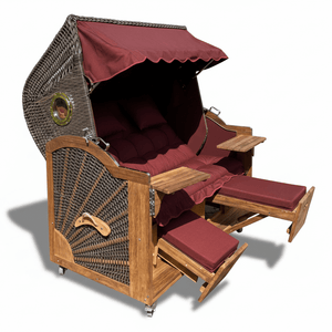 7051 Strandkorb Prieß Modell Meister, Foto zeigt Iroko Holz, PE Geflecht cappuccino, Größe wählbar, Stoffdessin bordeaux