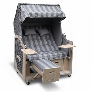 7052 Strandkorb Prieß Modell Meister, Foto zeigt Lärche Holz Vintage grau lasiert, PE Geflecht taupe, Größe wählbar, Stoffdessin anthrazit