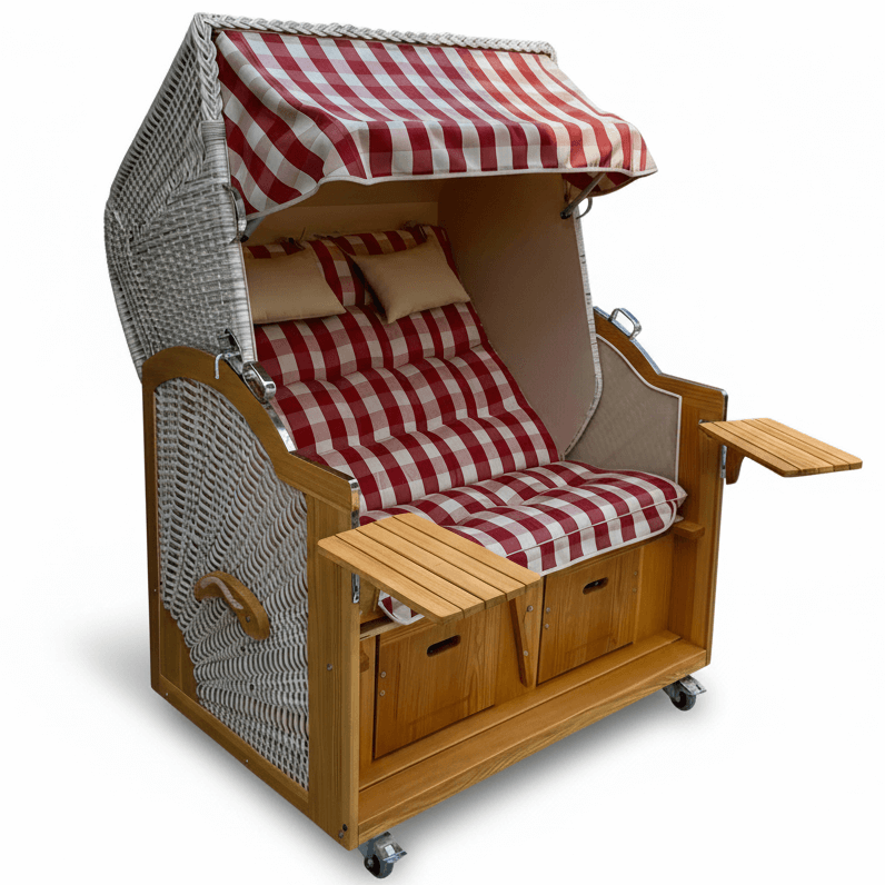 7053 Strandkorb Prieß, Modell Meister, Foto zeigt Lärche Holz, PE-Geflecht natur, Größe wählbar, Stoff-Dessin rot beige creme