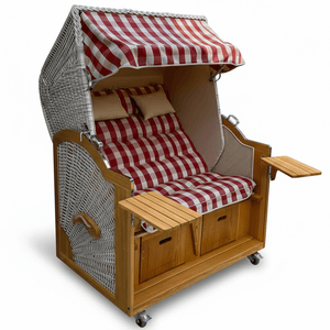 7053 Strandkorb Prieß, Modell Meister, Foto zeigt Lärche Holz, PE-Geflecht natur, Größe wählbar, Stoff-Dessin rot beige creme