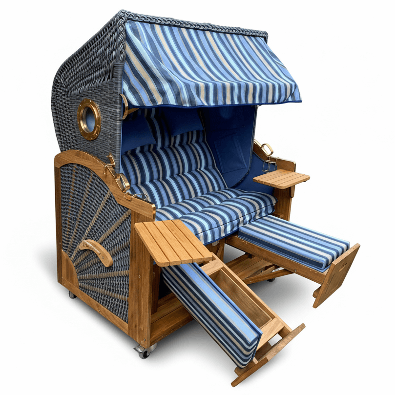 7054 Strandkorb Prieß, Modell Meister, Foto zeigt Iroko Holz, PE-Geflecht dunkelgrau, Größe wählbar, Stoff-Dessin hellblau blau
