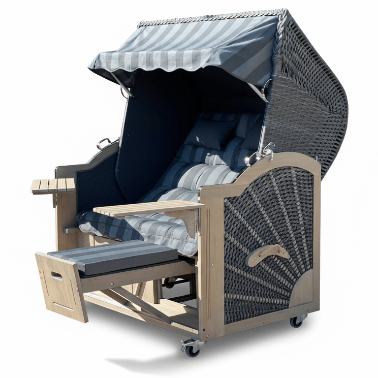 7055 Strandkorb Prieß, Modell Meister, Foto zeigt Lärche Holz Vintage grau lasiert, PE-Geflecht dunkelgrau, Größe wählbar, Stoff-Dessin grau anthrazit