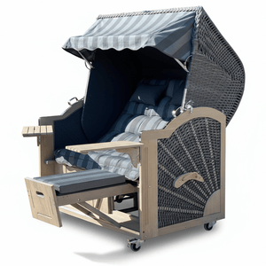 7055 Strandkorb Prieß, Modell Meister, Foto zeigt Lärche Holz Vintage grau lasiert, PE-Geflecht dunkelgrau, Größe wählbar, Stoff-Dessin grau anthrazit