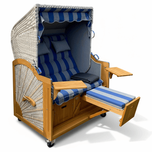 7056 Strandkorb Prieß, Modell Meister, Foto zeigt Lärche Holz, PE Geflecht taupe, Größe wählbar, Dessin grau blau