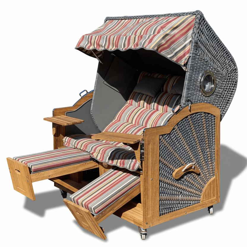 6009 Strandkorb Prieß, Modell Meister, Foto zeigt Iroko Holz, PE-Geflecht dunkelgrau, Größe wählbar, Stoff-Dessin wie abgebildet