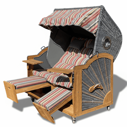 6009 Strandkorb Prieß, Modell Meister, Foto zeigt Iroko Holz, PE-Geflecht dunkelgrau, Größe wählbar, Stoff-Dessin wie abgebildet