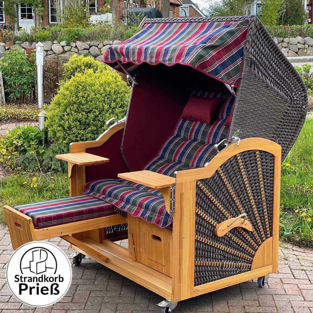 6022 Strandkorb Prieß, Modell Meister, Foto zeigt Lärche Holz, PE-Geflecht cappuccino, Größe wählbar, Stoff-Dessin wie abgebildet - Strandkorb Fachhandel Prieß