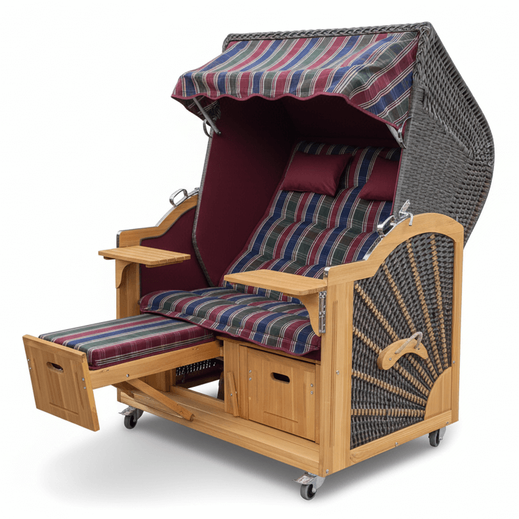 6022 Strandkorb Prieß, Modell Meister, Foto zeigt Lärche Holz, PE-Geflecht cappuccino, Größe wählbar, Stoff-Dessin wie abgebildet