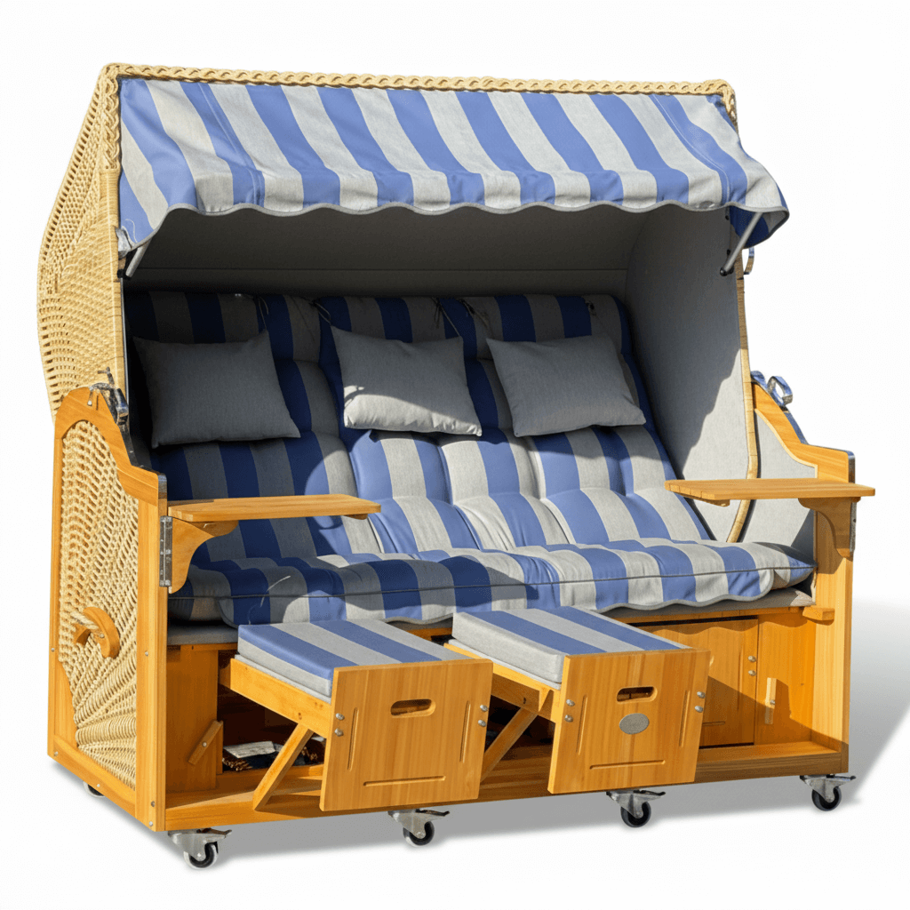 7021 Strandkorb Prieß Modell Meister, Foto zeigt Lärche Holz, PE Geflecht naturoptik, Größe wählbar,  Stoffdessin wie abgebildet