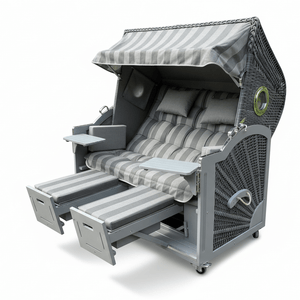 6010 Strandkorb Prieß, Modell Meister, Foto zeigt Lärche grau lackiert, PE-Geflecht anthrazit, Größe wählbar, Stoff-Dessin wie abgebildet