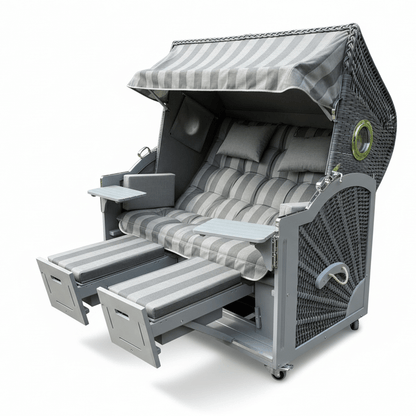 6010 Strandkorb Prieß, Modell Meister, Foto zeigt Lärche grau lackiert, PE-Geflecht anthrazit, Größe wählbar, Stoff-Dessin wie abgebildet