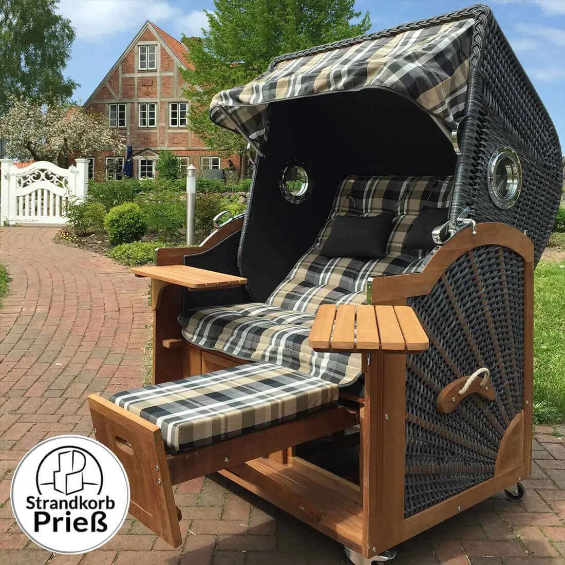 6008 Strandkorb Prieß, Modell Meister, Foto zeigt Iroko Holz, PE-Geflecht anthrazit, Größe wählbar, Stoff-Dessin wie abgebildet - Strandkorb Fachhandel Prieß