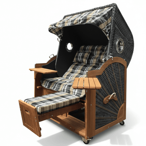 6008 Strandkorb Prieß, Modell Meister, Foto zeigt Iroko Holz, PE-Geflecht dunkelgrau, Größe wählbar, Stoff-Dessin wie abgebildet