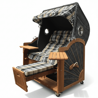 6008 Strandkorb Prieß, Modell Meister, Foto zeigt Iroko Holz, PE-Geflecht dunkelgrau, Größe wählbar, Stoff-Dessin wie abgebildet