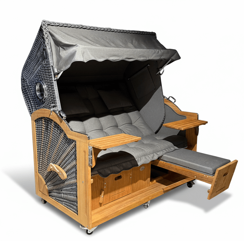 Strandkorb Prieß Modell Meister A102 Komplettpaket aus Iroko Holz mit dunkelgrauem PE Geflecht und Fußstützen