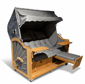 Strandkorb Prieß Modell Meister A102 Komplettpaket aus Iroko Holz mit dunkelgrauem PE Geflecht und Fußstützen