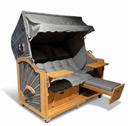 Strandkorb Prieß Modell Meister A102 Komplettpaket aus Iroko Holz mit dunkelgrauem PE Geflecht und Fußstützen