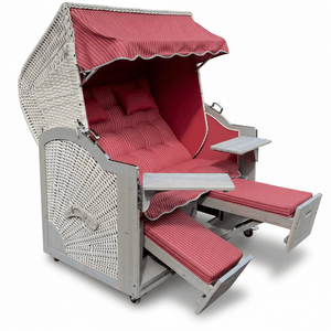 7024a Strandkorb Prieß Modell Meister, Foto zeigt Lärche Holz Vintage grau lasiert, PE Geflecht taupe, Größe wählbar, Stoffdessin wie abgebildet