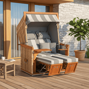 Strandkorb Sonnenpartner Modell Präsident Teak Rundgeflecht Rattanoptik Dessin 59 grau gestreift