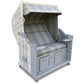 Strandkorb Sonnenpartner Modell Classic XL PE Geflecht antik-weiss mit taupe Holz und Dessin 74 gestreift, frontal freigestellt