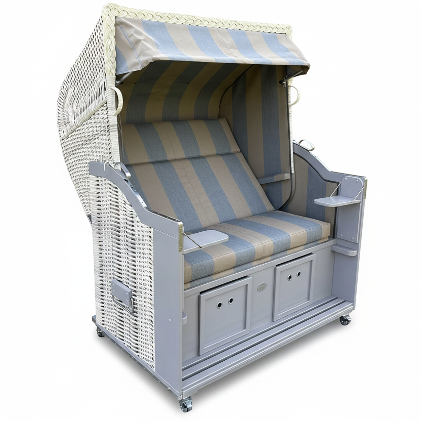 Strandkorb Sonnenpartner Modell Classic XL PE Geflecht antik-weiss mit taupe Holz und Dessin 74 gestreift, frontal freigestellt