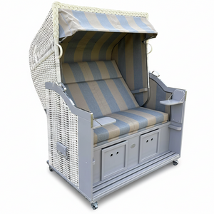 Strandkorb Sonnenpartner Modell Classic XL PE Geflecht antik-weiss mit taupe Holz und Dessin 74 gestreift, frontal freigestellt