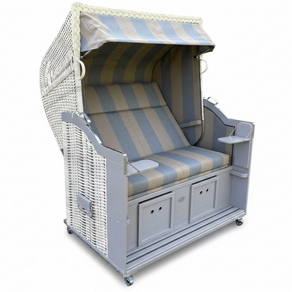 Strandkorb Sonnenpartner Modell Classic XL PE Geflecht antik-weiss mit taupe Holz und Dessin 74 gestreift, frontal freigestellt