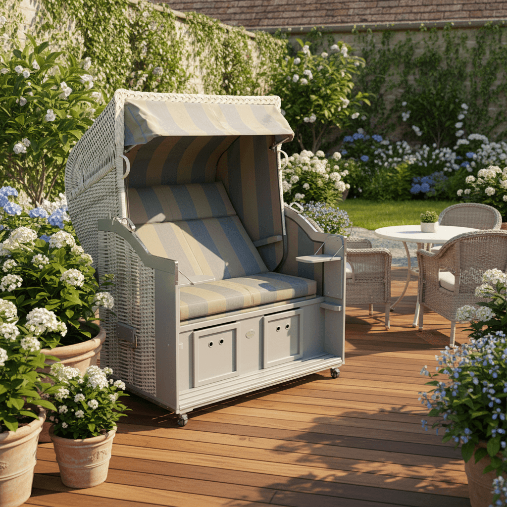 Strandkorb Sonnenpartner Modell Classic XL PE Geflecht antik-weiss in einem Garten mit Blumen und Terrassensitz.