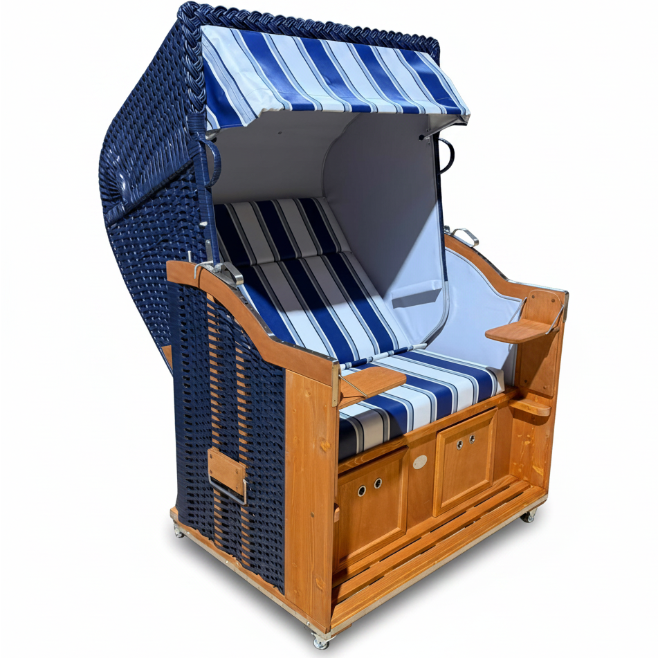 Strandkorb Sonnenpartner Modell Classic PVC blau, Holz lasiert, Dessin Folie blau grau weiss 630