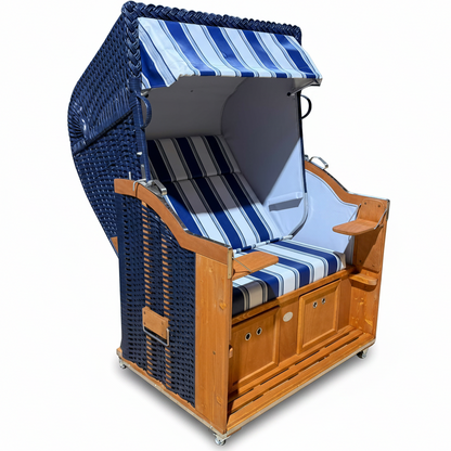 Strandkorb Sonnenpartner Modell Classic PVC blau, Holz lasiert, Dessin Folie blau grau weiss 630