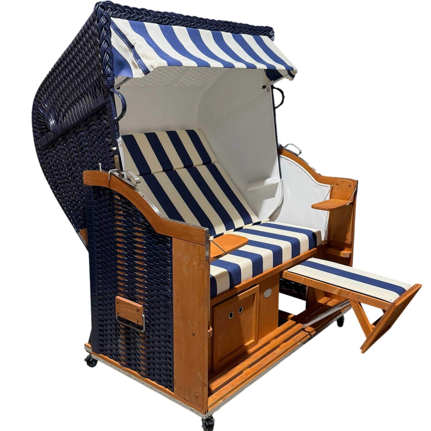 Strandkorb Sonnenpartner Modell Classic 2-XL 150 cm Geflecht blau, Dessin 40 blau weiss