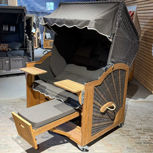 Komplettpaket A121 Strandkorb Prieß Modell Meister Iroko Holz, PE Geflecht cappuccino, wie abgebildet, 135 cm