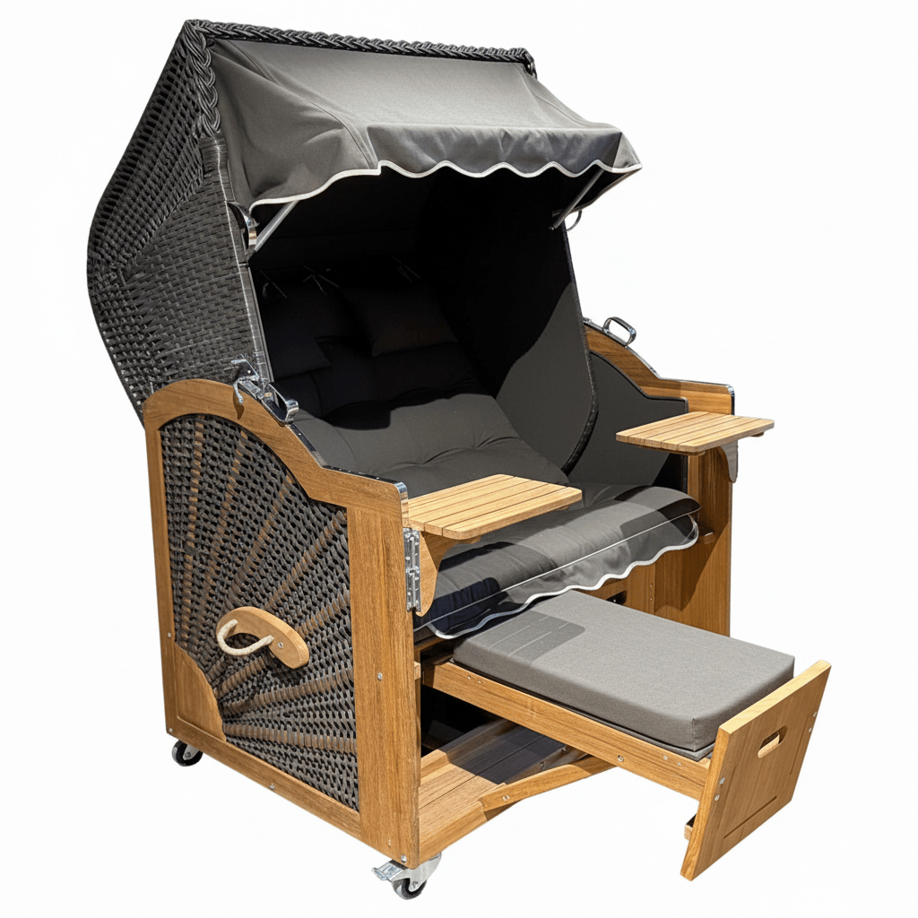 Komplettpaket A121 Strandkorb Prieß Modell Meister Iroko Holz, PE Geflecht cappuccino, wie abgebildet, 135 cm