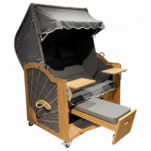 Komplettpaket A121 Strandkorb Prieß Modell Meister Iroko Holz, PE Geflecht cappuccino, wie abgebildet, 135 cm