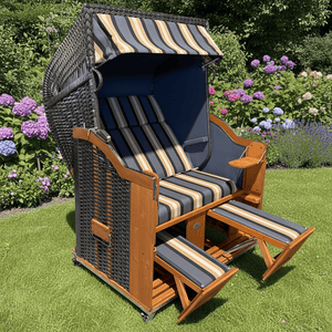 Strandkorb Sonnenpartner Modell Classic in anthrazit mit braun-grauen Streifen im Garten