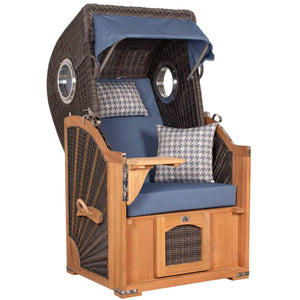 Strandkorb deVries PURE Seemöwe Teak PE stone grey 1-Sitzer blaues Polster mit Bullaugen und Klapptisch, Design 509 Muster