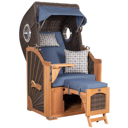 Strandkorb deVries PURE Seemöwe Teak PE stone grey 1-Sitzer blau gemustert mit Bullaugen und Fußteil, Größe S