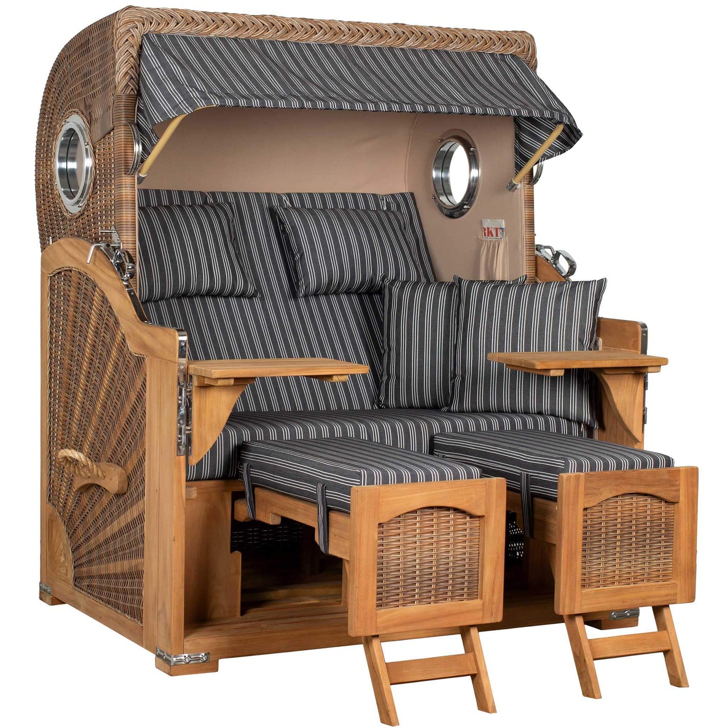 Strandkorb Mr. Deko Düne Grande Bullaugen Teak mit stilvollem Design für zwei Personen.