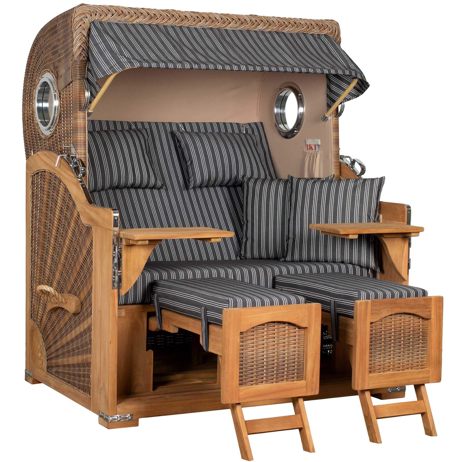 Strandkorb Mr. Deko Düne Grande Bullaugen Teak mit stilvollem Design für zwei Personen.