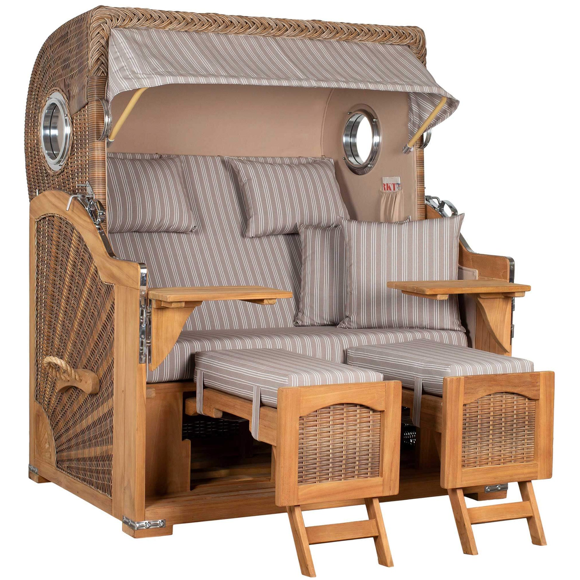 Strandkorb Mr. Deko Düne Grande Bullaugen Teak 2,5-Sitzer mit luxuriösem Design und bequemer Polsterung.