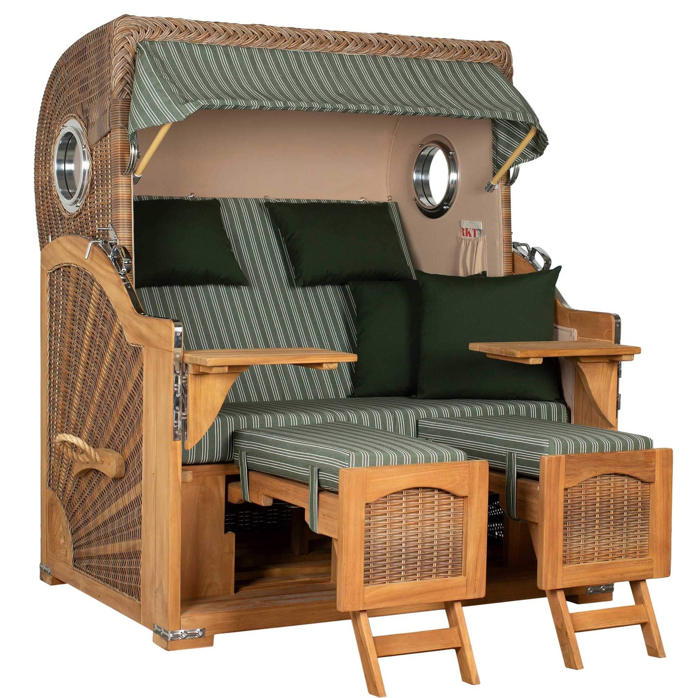 Strandkorb Mr. Deko Düne Grande Bullaugen Teak, gemütlicher 2,5-Sitzer mit hochwertigem PE-Geflecht und Bullaugen.