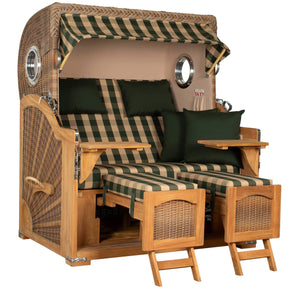 Strandkorb Mr. Deko Düne Grande Bullaugen Teak PE banana 2,5-Sitzer mit luxuriösem Design und bequemen Sitzmöglichkeiten.