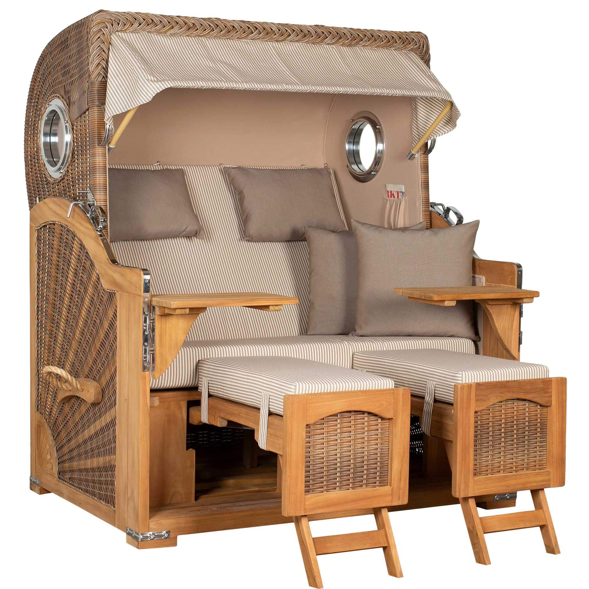 Strandkorb Mr. Deko Düne Grande Bullaugen Teak mit komfortablem Design für zwei Personen, ideal für eine entspannte Terrasse.