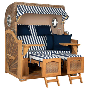 Strandkorb Düne Grande Teak PE banana 2,5-Sitzer mit Bullaugen und blau-weißen Streifen Möbel für zwei Personen