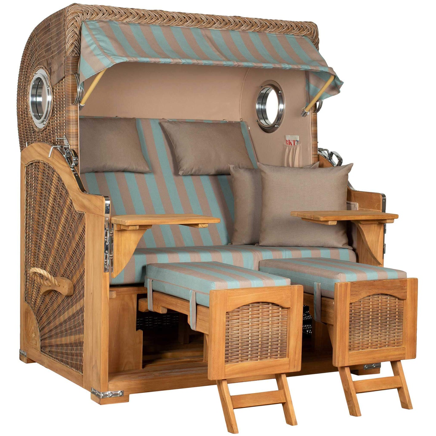 Strandkorb Mr. Deko Düne Grande Bullaugen Teak mit eleganter Polsterung und Holzgestell für 2,5 Personen.